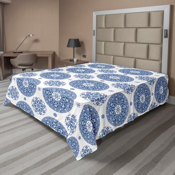 Abakuhaus Lenzuolo Vintage, Stile Country Francese Con Motivo Floreale A Cerchi, Pizzo Con Fiocchi Di Neve, Stampa Di Design, Lenzuolo Morbido E Confortevole Per Un Letto Decorativo, 1 Pezzo, 266 Cm X 260 Cm, Blu E Bianco.-image