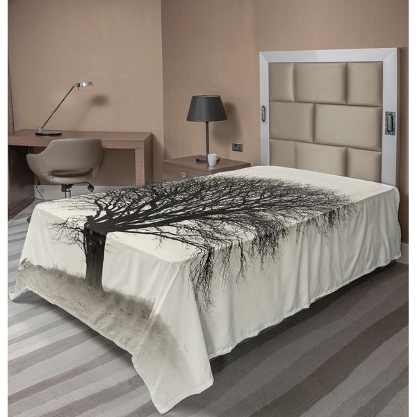 Abakuhaus Lenzuolo Bianco E Nero, Albero Solitario In Un Campo Con Molti Rami Spogli - Paesaggio Autunnale, Lenzuolo Morbido E Confortevole Per Un Letto Decorativo 1 Pezzo 190 Cm X 100 Cm, Avorio Grigio Scuro-image