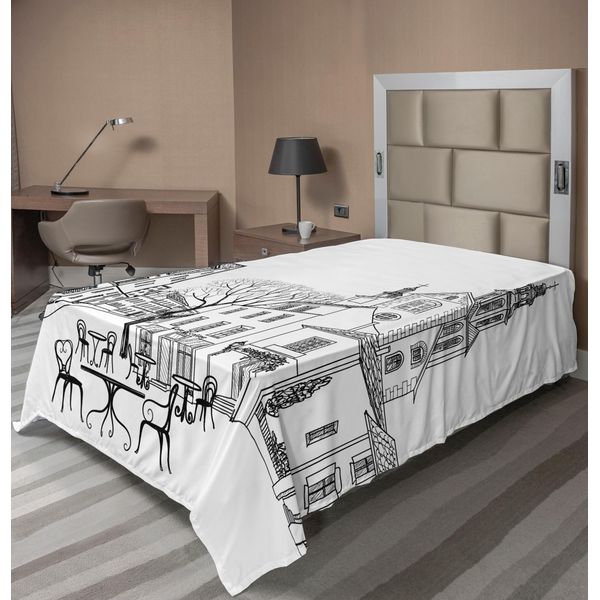 Abakuhaus Vista Della Città Lenzuolo, Caffè All'aperto Città Antica Porta Edificio Albero Passaggio Castello Paesaggio Sotto, Morbido E Confortevole Lenzuolo Superiore Per Un Letto Decorativo 1 Pezzo 260 Cm X 168 Cm, Bianco Nero-image