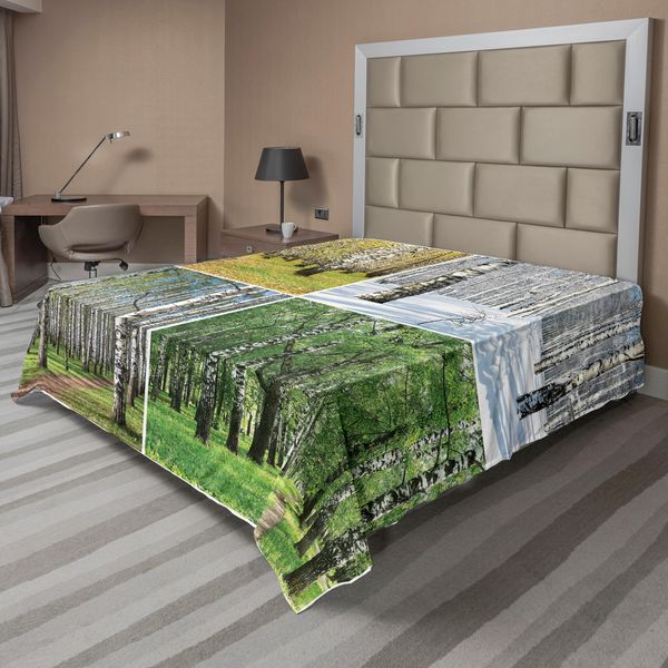 Abakuhaus Lenzuolo Paesaggio, Treno Nella Foresta Di Betulle, Giungla In Autunno, Inverno, Primavera, Estate, Lenzuolo Morbido E Confortevole Per Un Letto Decorativo, 1 Pezzo, 266 Cm X 260 Cm, Verde E Bianco-image