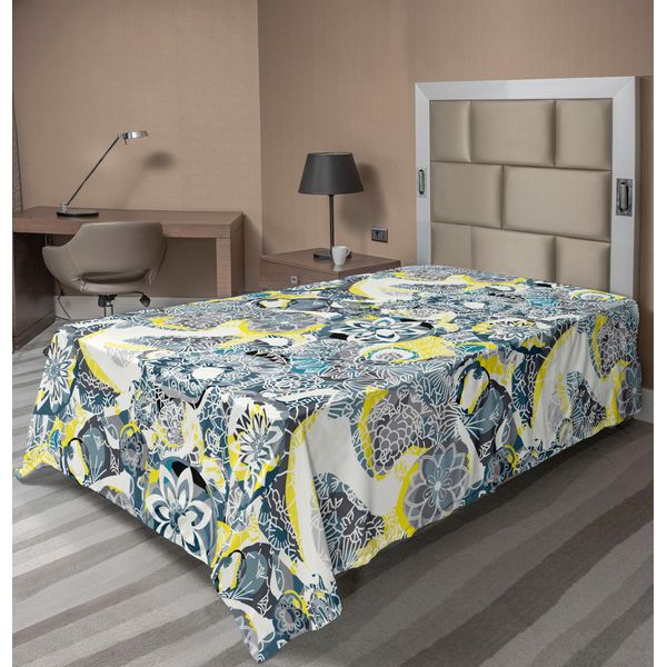 Abakuhaus Lenzuolo Mandala, Mandala Floreale Decorativo Vintage Fiori Foglie Tema Giardino, Morbido E Confortevole Lenzuolo Superiore Per Un Letto Decorativo 1 Pezzo 260 Cm X 168 Cm, Giallo / Blu-image