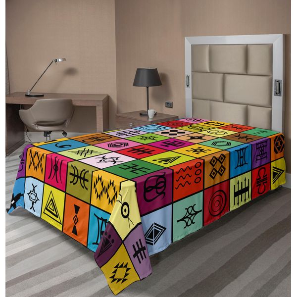 Abakuhaus Lenzuolo Primitivo, Collage Di Elementi Etnici Africani In Quadrati Colorati Stampati, Morbido E Confortevole Lenzuolo Superiore Per Un Letto Decorativo 1 Pezzo 190 Cm X 100 Cm, Multicolore-image
