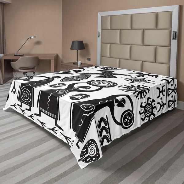 Abakuhaus Lenzuolo Primitivo, Figura Danzante Di Sciamano Aquila Sole Serpente, Stampa A Tema Tribale Preistorico, Lenzuolo Morbido E Confortevole Per Un Letto Decorativo, 1 Pezzo 275 Cm X 260 Cm, Bianco Nero-image