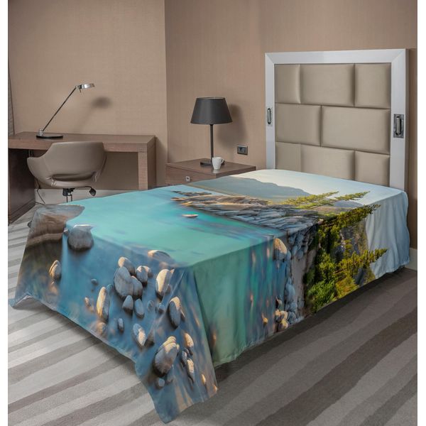 Abakuhaus Lenzuolo, Paesaggio Pastorale Primaverile, Tema Paesaggio Lacustre Provinciale, Lenzuolo Morbido E Confortevole Per Un Letto Decorativo, 1 Pezzo, 190 Cm X 100 Cm, Blu Grigio-image