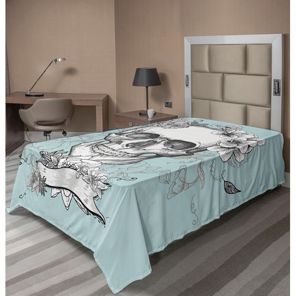 Abakuhaus Lenzuolo Grunge, Teschi E Fiori Giorno Dei Morti, Festa Tradizionale Messicana, Arte Simbolica, Lenzuolo Morbido E Confortevole Per Un Letto Decorativo, 1 Pezzo, 190 Cm X 100 Cm, Turchese E Bianco.-image