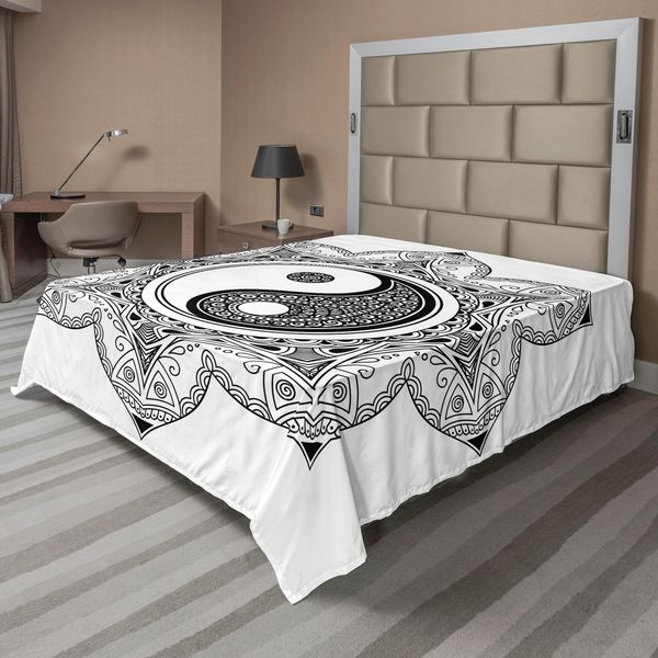 Abakuhaus Lenzuolo Ying Yang, Personaggi Yin Yang Per Movimento E Armonia, Motivo Mandala Macrocosmo, Lenzuolo Superiore Morbido E Confortevole Per Un Letto Decorativo, 1 Pezzo, 244 Cm X 205 Cm, Bianco E Nero-image