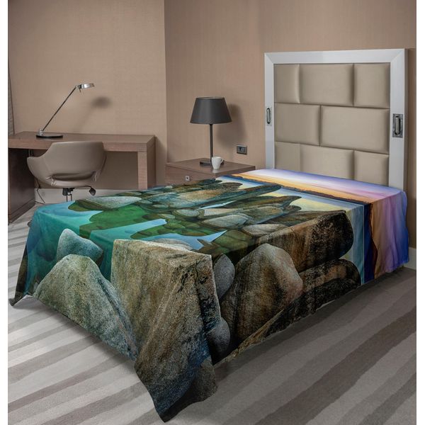 Abakuhaus Lenzuolo, Varie Dimensioni Rocce Condensate Nel Fiume Al Tramonto, Quando Le Luci Si Spengono Tema Marino, Lenzuolo Morbido E Confortevole Per Un Letto Decorativo 1 Pezzo 260 Cm X 168 Cm, Grigio Verde-image