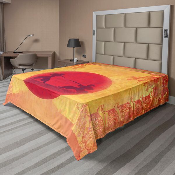 Abakuhaus Lenzuolo Giapponese, Guerrieri Ninja Al Tramonto Tra Templi Fioriti, Tema Battaglia Spirituale, Lenzuolo Morbido E Confortevole Per Un Letto Decorativo, 1 Pezzo 266 Cm X 260 Cm, Senape E Viola-image