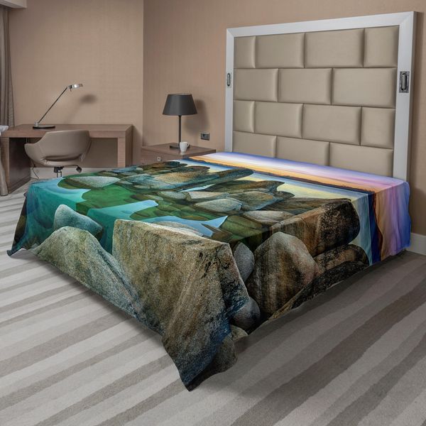 Abakuhaus Lenzuolo, Varie Dimensioni Rocce Condensate Nel Fiume Al Tramonto, Quando Le Luci Si Spengono Tema Marino, Lenzuolo Morbido E Confortevole Per Un Letto Decorativo 1 Pezzo 275 Cm X 260 Cm, Grigio Verde-image