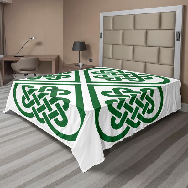 Abakuhaus Lenzuolo Celtico, Monocromatico A Forma Di Quadrifoglio, Autentico E Intramontabile Stile Celtico, Morbido E Confortevole Lenzuolo Superiore Per Un Letto Decorativo, 1 Pezzo 266 Cm X 260 Cm, Verde Bianco-image