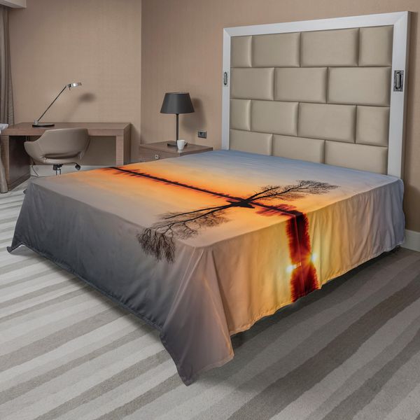 Abakuhaus Lenzuolo, Silhouette Di Un Singolo Albero [Su Un Tranquillo Lago Stampa Luminosa, Lenzuolo Morbido E Confortevole Per Un Letto Decorativo 1 Pezzo 244 Cm X 205 Cm, Arancione E Blu-image