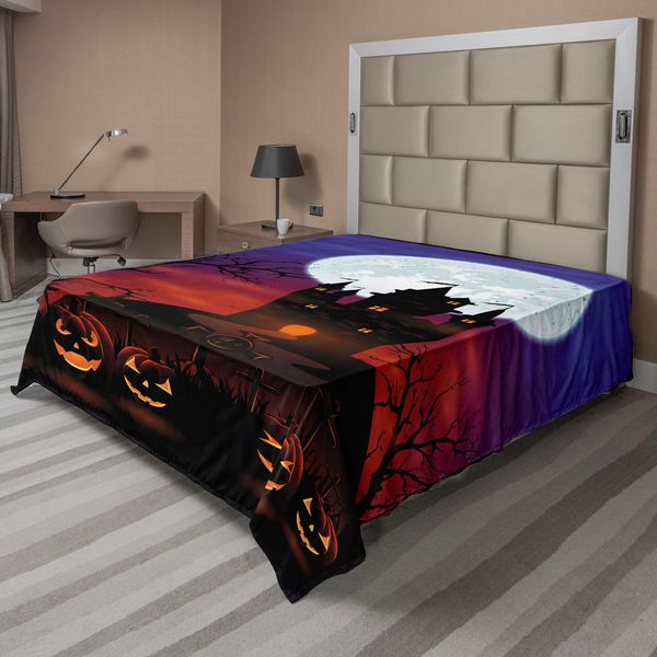 Abakuhaus Lenzuolo Di Halloween, Casa Stregata Gotica Castle Hill Valley Cielo Notturno Ottobre Tema Festival Stampa, Lenzuolo Morbido E Confortevole Per Un Letto Decorativo 1 Pezzo 275 Cm X 260 Cm, Multicolore-image