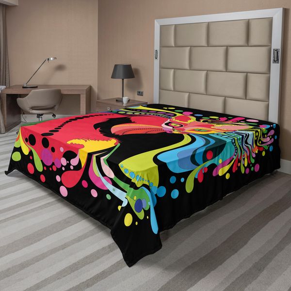 Abakuhaus Lenzuolo Psichedelico, Grafica Astratta Moderna Colorata Con Gatto E Illustrazione Di Bolle E Onde, Lenzuolo Morbido E Confortevole Per Un Letto Decorativo 1 Pezzo 266 Cm X 260 Cm, Multicolore-image
