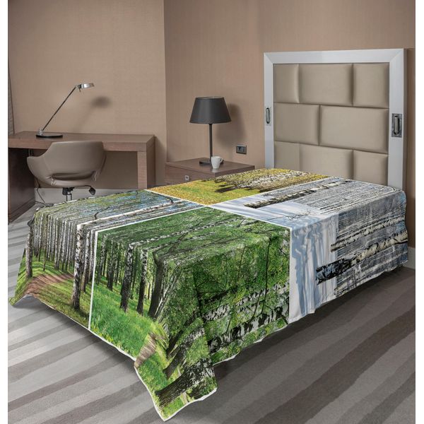 Abakuhaus Lenzuolo Paesaggio, Treno Nella Foresta Di Betulle, Giungla In Autunno, Inverno, Primavera, Estate, Lenzuolo Morbido E Confortevole Per Un Letto Decorativo, 1 Pezzo 190 Cm X 100 Cm, Verde Bianco-image