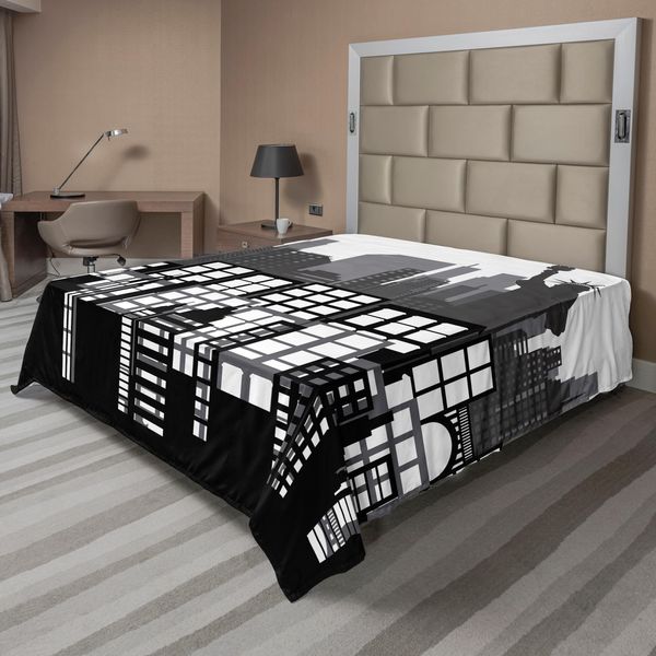 Abakuhaus Lenzuolo Americano, Icone Nazionali Statua Della Libertà Grattacieli Motivo Architettonico, Lenzuolo Morbido E Confortevole Per Un Letto Decorativo 1 Pezzo 260 Cm X 228 Cm, Nero-image