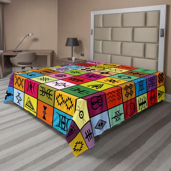 Abakuhaus Lenzuola Primitive, Collage Di Elementi Etnici Africani In Quadrati Colorati Come Stampa, Lenzuolo Superiore Morbido E Confortevole Per Un Letto Decorativo 1 Pezzo 275 Cm X 260 Cm, Multicolore-image