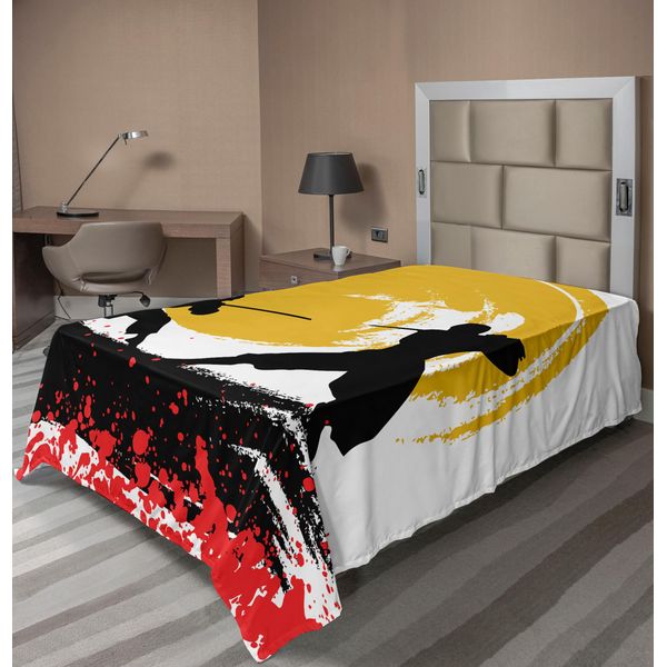 Abakuhaus Lenzuolo Giapponese, Stile Acquerello Silhouette Ninja Luce Della Luna Battaglia Medievale, Lenzuolo Morbido E Confortevole Per Un Letto Decorativo 1 Pezzo 260 Cm X 168 Cm, Senape Vermiglio-image
