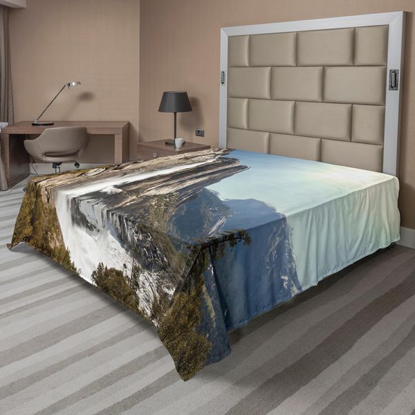 Abakuhaus Yosemite Lenzuolo, Yosemite Falls Mountain Sunshine Alberi Alpini Drammatico Paesaggio Naturale Selvaggio, Morbido E Confortevole Lenzuolo Superiore Per Un Letto Decorativo 1 Pezzo 266 Cm X 260 Cm, Verde-image