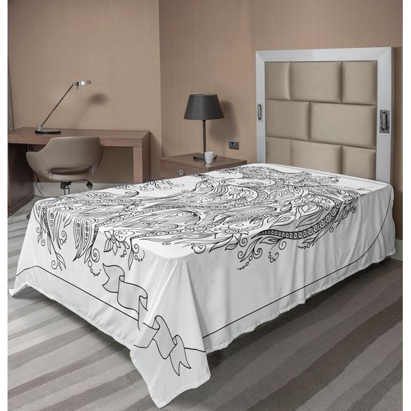 Abakuhaus Lenzuolo Zodiacale, Viso Del Segno Zodiacale Leone Con Fiori Tra I Capelli, Tema Dell'oroscopo Del Re Della Foresta, Lenzuolo Morbido E Confortevole Per Un Letto Decorativo, 1 Pezzo, 260 Cm X 168 Cm, Bianco E Nero.-image