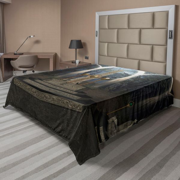 Abakuhaus Lenzuolo Gotico, Il Paesaggio Rituale Nella Foresta Segreta Obelisco Tra Troni Di Marmo Incisione Di Teschi, Lenzuolo Superiore Morbido E Confortevole Per Un Letto Decorativo 1 Pezzo 244 Cm X 205 Cm, Taupe Scuro E Crepuscolo-image