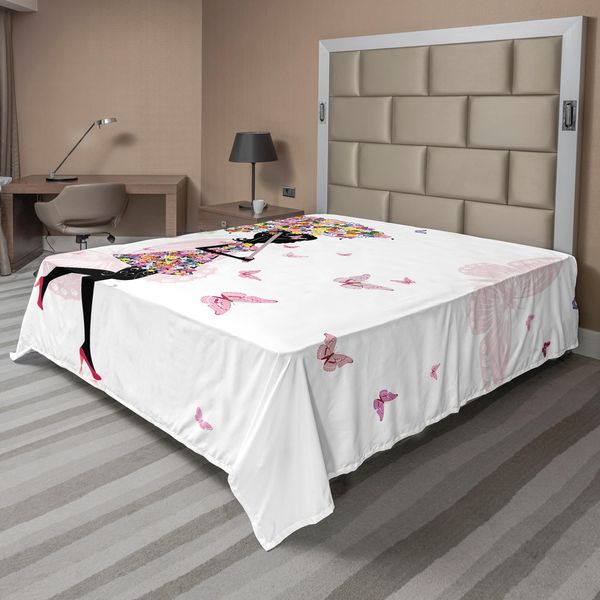Abakuhaus Lenzuolo Femminile, Ragazza Con Ombrello Floreale E Vestito Con Farfalle, Stampa Artistica, Lenzuolo Morbido E Confortevole Per Un Letto Decorativo, 1 Pezzo, 275 Cm X 260 Cm, Nero E Rosa-image