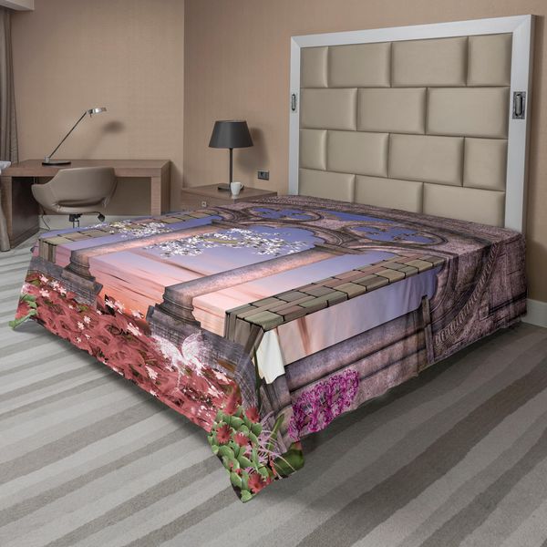 Abakuhaus Lenzuolo Gotico, Colonnato Nel Giardino Segreto Con Fiori Al Tramonto, Foresta Incantata, Lenzuolo Morbido E Confortevole Per Un Letto Decorativo, 1 Pezzo, 275 Cm X 260 Cm, Viola Grigio Blu-image