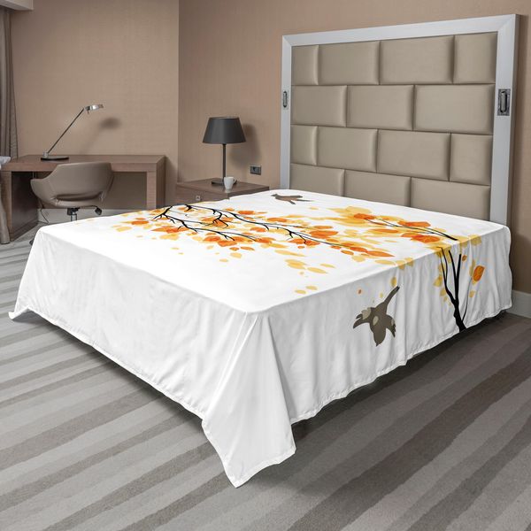 Abakuhaus Lenzuolo Con Angoli, Con Motivo Di Foglie Autunnali E Uccelli, Stampa Stagionale Estiva, Morbido E Confortevole Lenzuolo Superiore Per Un Letto Decorativo, 1 Pezzo 275 Cm X 260 Cm, Giallo Crema-image