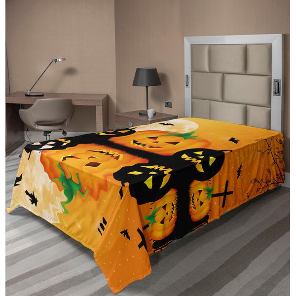 Abakuhaus Lenzuolo Di Halloween, Illustrazione Di Halloween Con Zucche Spaventose Nel Cimitero, Stampa Con Luna, Lenzuolo Morbido E Confortevole Per Un Letto Decorativo, 1 Pezzo, 260 Cm X 168 Cm, Arancione E Nero.-image