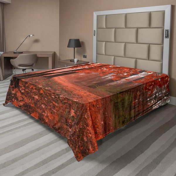 Abakuhaus Lenzuolo Con Angoli, Misty Forest Con Foglie Di Alberi Decidui Alberi Stagionali Da Caldo A Freddo Immagine Selezionata, Lenzuolo Superiore Morbido E Confortevole Per Un Letto Decorativo 1 Pezzo 275 Cm X 260 Cm, Arancione Marrone-image