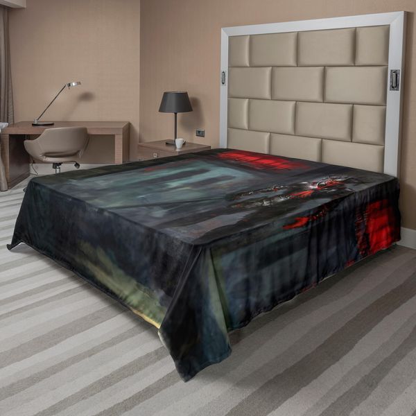 Abakuhaus Fantasy World Lenzuolo, Personaggio Immaginario Reverente Nel Tempio Di Fuoco, Stampa Gotica Oscura Con Demoni, Lenzuolo Morbido E Confortevole Per Un Letto Decorativo, 1 Pezzo, 260 Cm X 228 Cm, Grigio Rosso-image