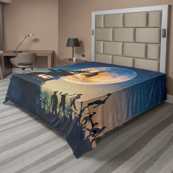 Abakuhaus Fantasy World Lenzuolo, Regina Morta Nel Castello Zombie Nel Cimitero Amore Scimmia Sposa Tema Halloween, Morbido E Confortevole Lenzuolo Superiore Per Un Letto Decorativo 1 Pezzo 275 Cm X 260 Cm, Blu Giallo-image