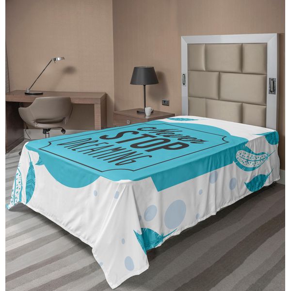 Abakuhaus Lenzuolo Con Proverbio, Colorato In Stile Retrò, Non Smettere Mai Di Sognare, Calligrafia Con Stampa Boho A Piuma, Morbido E Confortevole Lenzuolo Superiore Per Un Letto Decorativo, 1 Pezzo, 260 Cm X 168 Cm, Blu E Bianco.-image