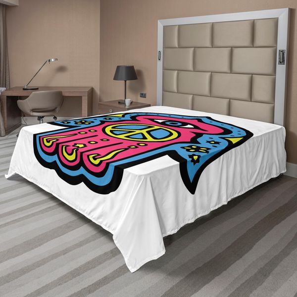 Abakuhaus Lenzuolo Hamsa, Hippie Boho Mano Di Fatima Con Simbolo Della Pace Nel Palmo Della Mano Arte Etnica Asiatica, Lenzuolo Morbido E Confortevole Per Un Letto Decorativo 1 Pezzo 275 Cm X 260 Cm, Blu Giallo Rosa-image