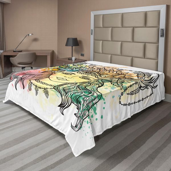 Abakuhaus Lenzuolo Occulto, Sciamana Con Terzo Occhio Sulla Testa E Disegno Occulto A Spruzzo Acquerellato, Lenzuolo Morbido E Confortevole Per Un Letto Decorativo 1 Pezzo 266 Cm X 260 Cm, Multicolore-image