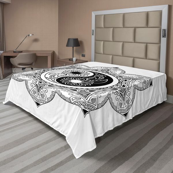 Abakuhaus Lenzuolo Ying Yang, Simbolo Boho Ying Yang In Un Fiore, Design Zen Hippie, Motivo Mandala Floreale, Lenzuolo Morbido E Confortevole Per Un Letto Decorativo, 1 Pezzo, 244 Cm X 205 Cm, Bianco E Nero-image