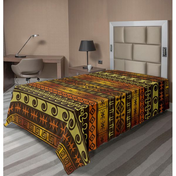 Abakuhaus Lenzuola Primitive, Motivi Indigeni Africani Con Stampe Etniche Tradizionali Tribali, Lenzuolo Superiore Morbido E Confortevole Per Un Letto Decorativo 1 Pezzo 260 Cm X 168 Cm, Giallo Marrone-image
