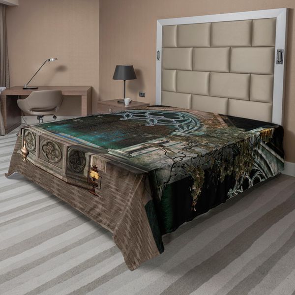 Abakuhaus Lenzuolo Gotico, Terrazza Mistica Con Edera Incantata Su Sfondo Antico Verso La Foresta Magica, Lenzuolo Morbido E Confortevole Per Un Letto Decorativo 1 Pezzo 275 Cm X 260 Cm, Grigio Verde Acqua-image