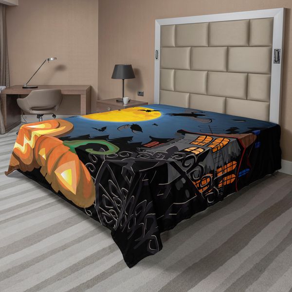 Lenzuolo Abakuhaus Halloween, Disegno Gotico A Tema Festa Di Halloween Con Casa Stregata, "Dolcetto O Scherzetto"" Per Bambini, Lenzuolo Morbido E Confortevole Per Un Letto Decorativo, 1 Pezzo 244 Cm X 205 Cm, Multicolore"-image