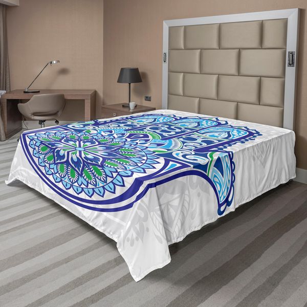 Abakuhaus Lenzuolo Hamsa, Grande Mano Hamsa Con Stampa Decorativa Floreale Etnica Asiatica, Lenzuolo Morbido E Confortevole Per Un Letto Decorativo 1 Pezzo 275 Cm X 260 Cm, Blu Turchese Bianco-image