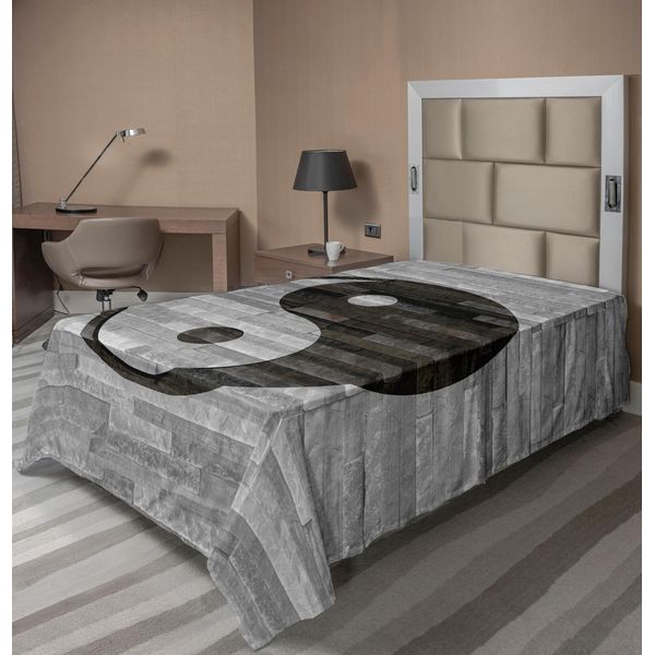 Abakuhaus Lenzuolo Ying Yang, Stile Minimalista Tradizionale Asiatico Ying Yang Effetto Pavimento In Legno Rustico Stile Moderno, Lenzuolo Morbido E Confortevole Per Un Letto Decorativo 1 Pezzo 260 Cm X 168 Cm, Nero Grigio-image