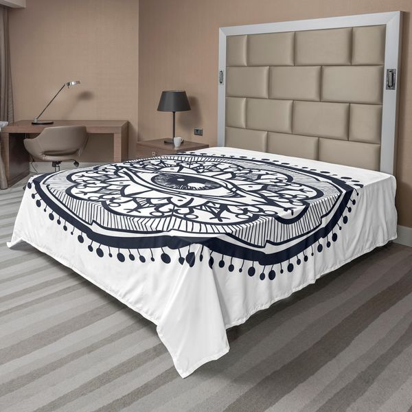 Abakuhaus Lenzuolo Occulto, Motivo Realistico Retrò Con Occhi In Stampa Rotonda In Stile Mandala Orientale Microcosmo, Lenzuolo Morbido E Confortevole Per Un Letto Decorativo 1 Pezzo 266 Cm X 260 Cm, Blu E Bianco-image