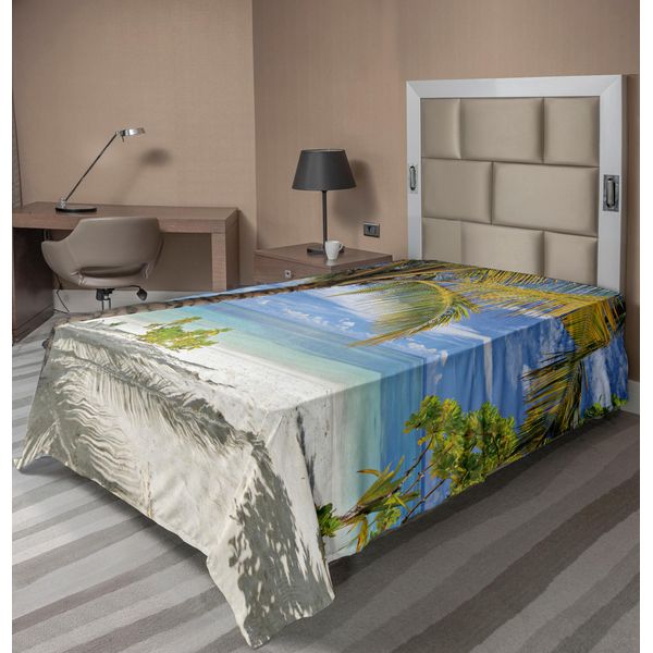 Abakuhaus Lenzuolo Con Palma, Spiaggia Tropicale Sabbiosa Con Palma, Tema Maldive, Costa, Tranquillità, Lenzuolo Morbido E Confortevole Per Un Letto Decorativo, 1 Pezzo, 190 Cm X 100 Cm, Cocco E Blu-image