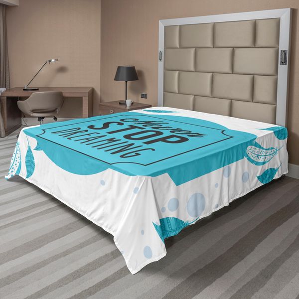 Abakuhaus Lenzuolo Con Proverbio, Colorato In Stile Retrò, Non Smettere Mai Di Sognare, Calligrafia Con Stampa Boho A Piuma, Lenzuolo Morbido E Confortevole Per Un Letto Decorativo, 1 Pezzo 260 Cm X 228 Cm, Blu E Bianco-image