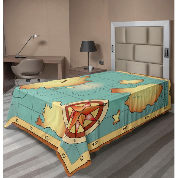 Abakuhaus Lenzuolo Con Mappa Dell'isola, Design Con Vecchie Mappe Del Tesoro Del Mondo Con Bussola, Avventura Di Navigazione, Terra Nascosta, Lenzuolo Morbido E Confortevole Per Un Letto Decorativo 1 Pezzo 190 Cm X 100 Cm, Crema Blu-image