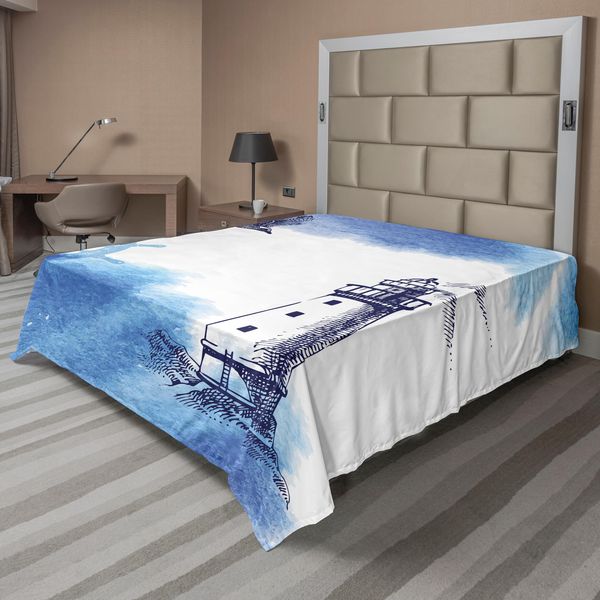 Abakuhaus Lenzuolo Con Motivo Faro, Acquerelli Nostalgici Con Gull Ancient Anchor Motivo Faro E Mare, Lenzuolo Morbido E Confortevole Per Un Letto Decorativo 1 Pezzo 266 Cm X 260 Cm, Blu E Bianco-image
