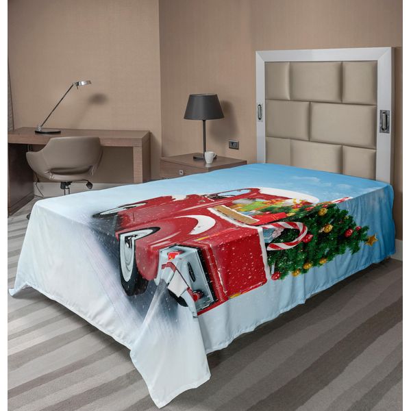 Abakuhaus Lenzuolo Natalizio, Furgoncino Rosso Classico Con Regali E Decorazioni Natalizie Immagine Invernale Innevata, Lenzuolo Morbido E Confortevole Per Un Letto Decorativo 1 Pezzo 260 Cm X 168 Cm, Blu Rosso-image