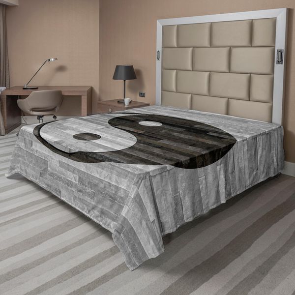 Abakuhaus Lenzuolo Ying Yang, Stile Minimalista Tradizionale Asiatico Ying Yang Effetto Pavimento In Legno Rustico Stile Moderno, Lenzuolo Superiore Morbido E Confortevole Per Un Letto Decorativo 1 Pezzo 266 Cm X 260 Cm, Nero Grigio-image