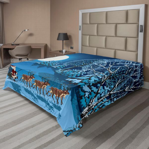 Abakuhaus Lenzuolo Natalizio, Babbo Natale Sulla Slitta In Una Notte Di Luna Piena Nel Cielo Innevato, Stampa A Tema Natalizio Invernale, Lenzuolo Morbido E Confortevole Per Un Letto Decorativo, 1 Pezzo, 266 Cm X 260 Cm, Blu Navy-image