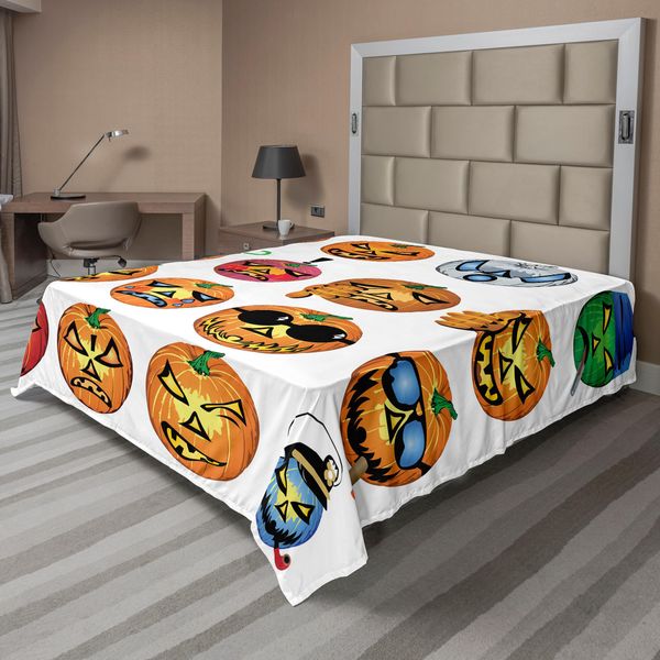 Abakuhaus Lenzuolo Di Halloween, Zucche Intagliate Con Facce Emoji Ispirate Ad Halloween, Umorismo Hipster, Mostri Artistici, Lenzuolo Morbido E Confortevole Per Un Letto Decorativo, 1 Pezzo, 260 Cm X 228 Cm, Arancione-image