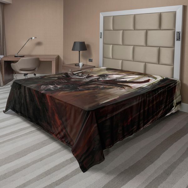 Abakuhaus Fantasy World Lenzuolo, Mostro Malvagio Corazzato Con Stampa Del Cavaliere Immaginario Della Cattedrale, Lenzuolo Morbido E Confortevole Per Un Letto Decorativo 1 Pezzo 260 Cm X 228 Cm, Grigio Rosso-image